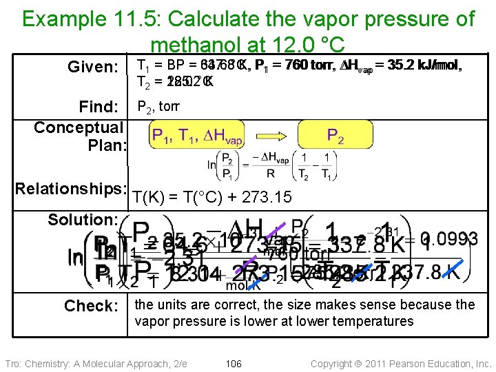 Example 11. 5: Calculate the vapor pressure of methanol at 12. 0 °C Given: