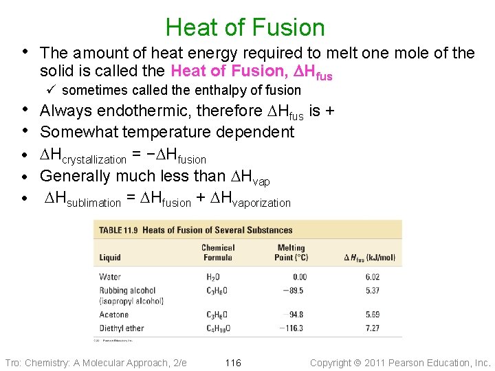 Heat of Fusion • The amount of heat energy required to melt one mole