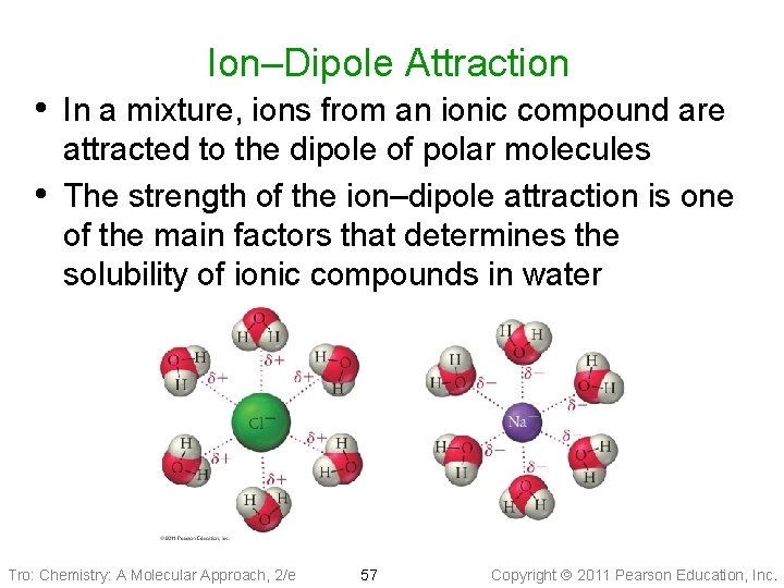 Ion–Dipole Attraction • In a mixture, ions from an ionic compound are • attracted