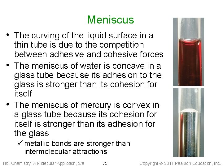 Meniscus • The curving of the liquid surface in a • • thin tube