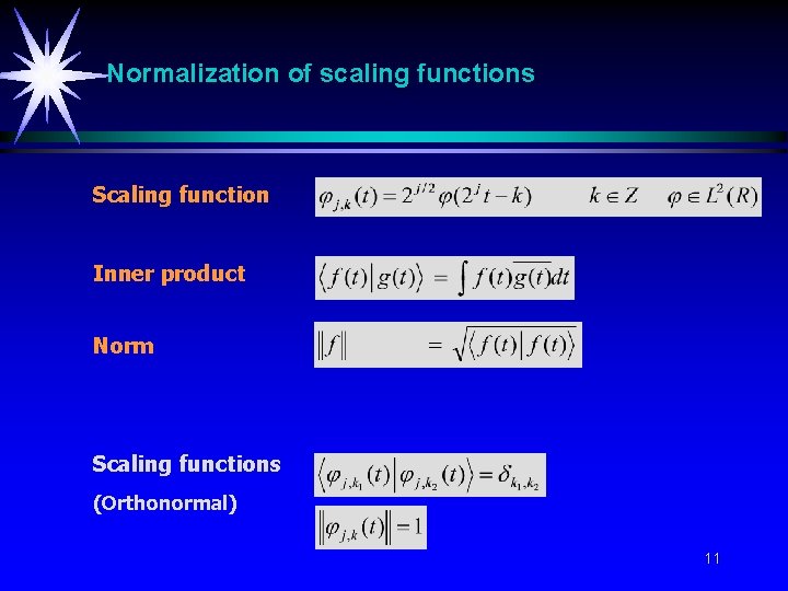 Normalization of scaling functions Scaling function Inner product Norm Scaling functions (Orthonormal) 11 