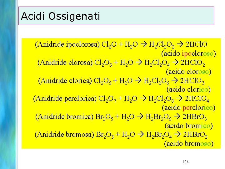 Acidi Ossigenati (Anidride ipoclorosa) Cl 2 O + H 2 O H 2 Cl