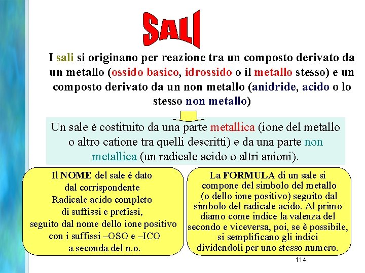 I sali si originano per reazione tra un composto derivato da un metallo (ossido