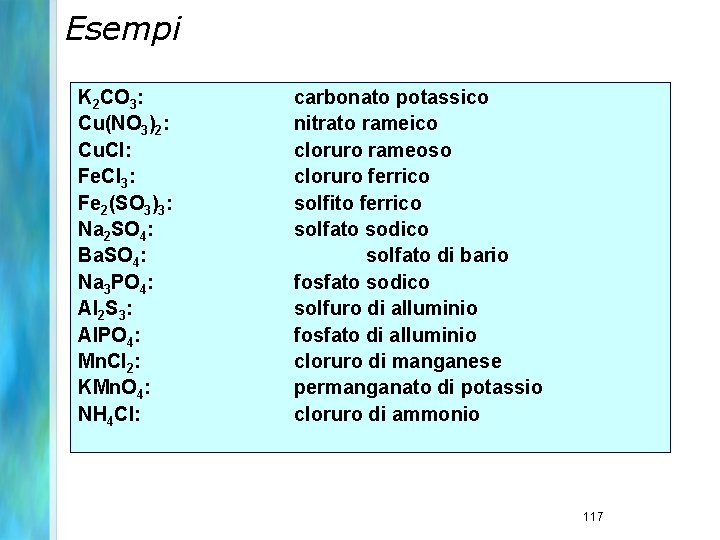 Esempi K 2 CO 3: Cu(NO 3)2: Cu. Cl: Fe. Cl 3: Fe 2(SO