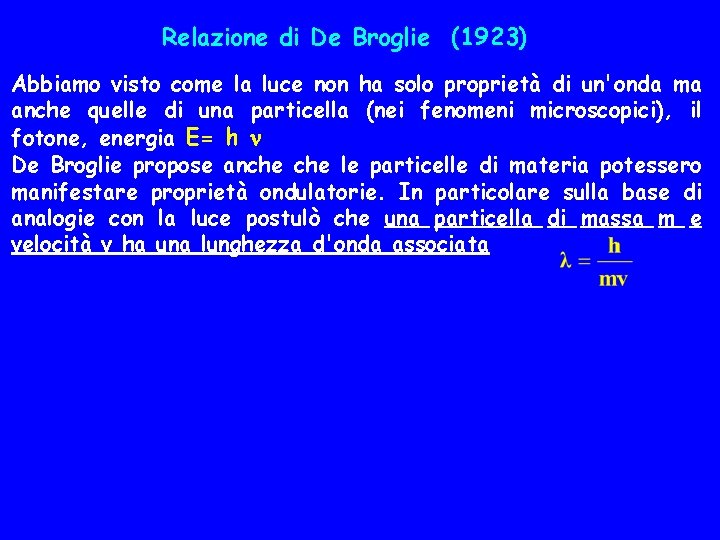 Relazione di De Broglie (1923) Abbiamo visto come la luce non ha solo proprietà