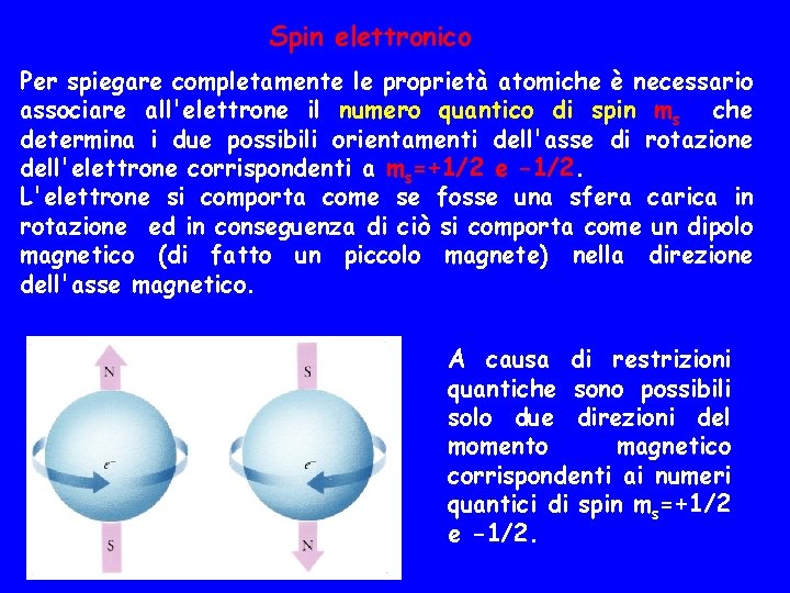 Spin elettronico Per spiegare completamente le proprietà atomiche è necessario associare all'elettrone il numero