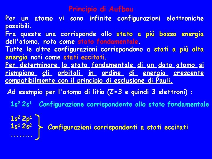 Principio di Aufbau Per un atomo vi sono infinite configurazioni elettroniche possibili. Fra queste