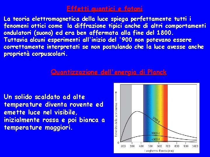 Effetti quantici e fotoni La teoria elettromagnetica della luce spiega perfettamente tutti i fenomeni