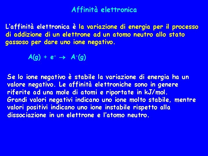 Affinità elettronica L‘affinità elettronica è la variazione di energia per il processo di addizione