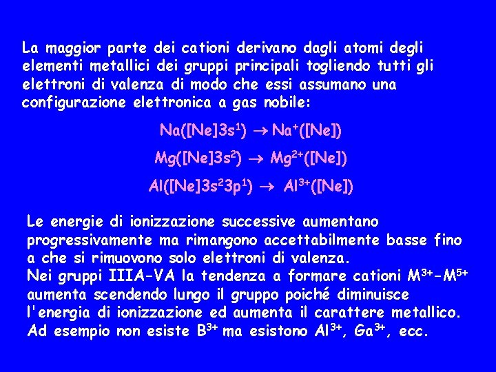 La maggior parte dei cationi derivano dagli atomi degli elementi metallici dei gruppi principali