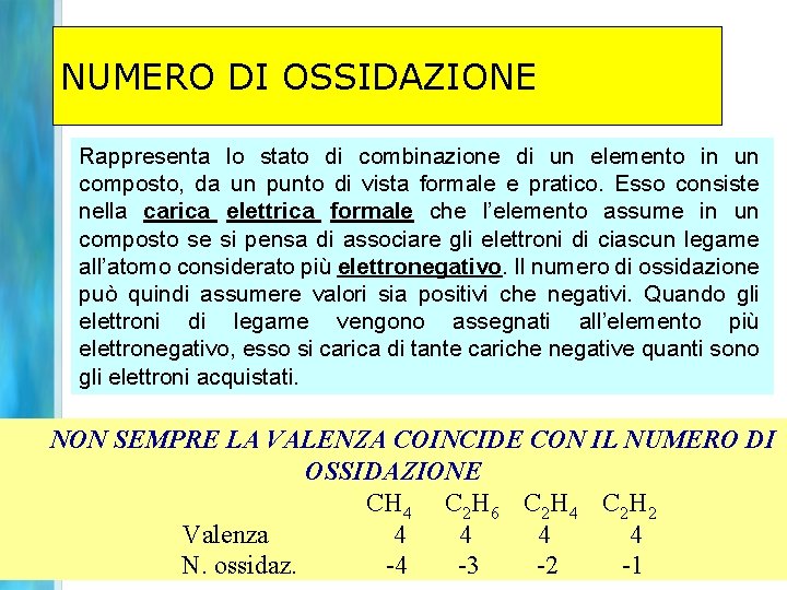 NUMERO DI OSSIDAZIONE Rappresenta lo stato di combinazione di un elemento in un composto,