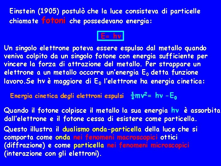 Einstein (1905) postulò che la luce consisteva di particelle chiamate fotoni che possedevano energia: