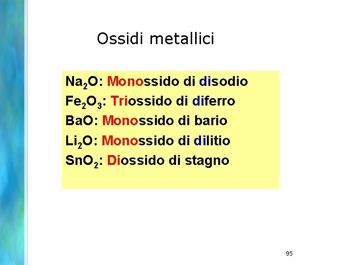 Ossidi metallici Na 2 O: Monossido di disodio Fe 2 O 3: Triossido di
