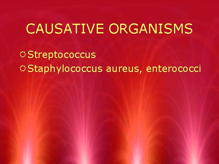CAUSATIVE ORGANISMS RStreptococcus RStaphylococcus aureus, enterococci 