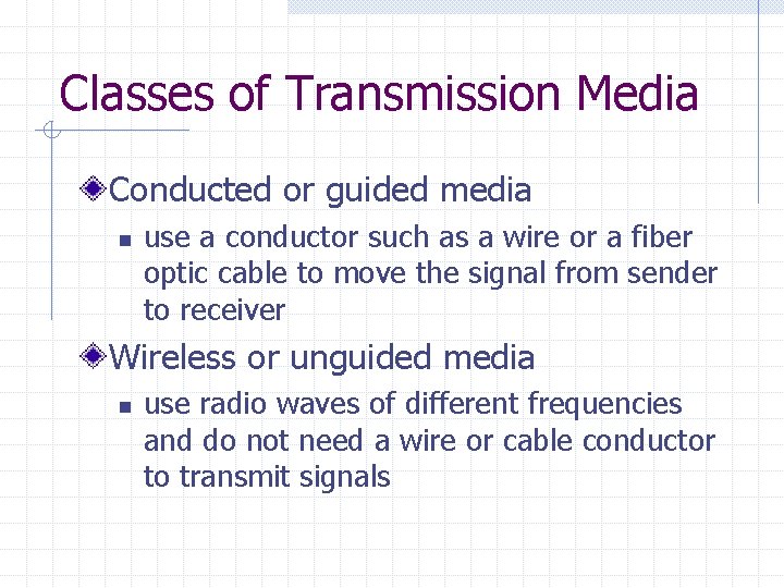Classes of Transmission Media Conducted or guided media n use a conductor such as Classes of Transmission Media Conducted or guided media n use a conductor such as