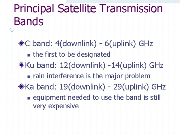 Principal Satellite Transmission Bands C band: 4(downlink) - 6(uplink) GHz n the first to Principal Satellite Transmission Bands C band: 4(downlink) - 6(uplink) GHz n the first to