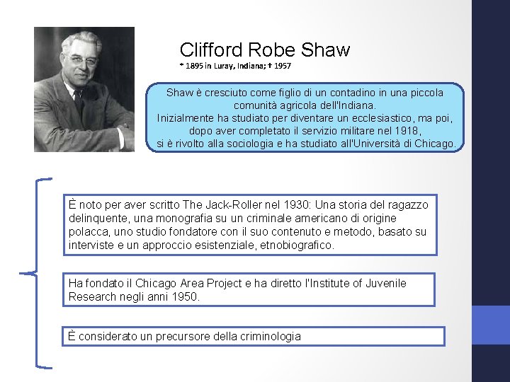 Clifford Robe Shaw * 1895 in Luray, Indiana; † 1957 Shaw è cresciuto come