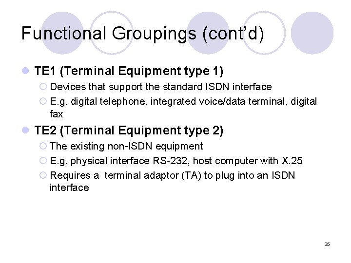 Functional Groupings (cont’d) l TE 1 (Terminal Equipment type 1) ¡ Devices that support