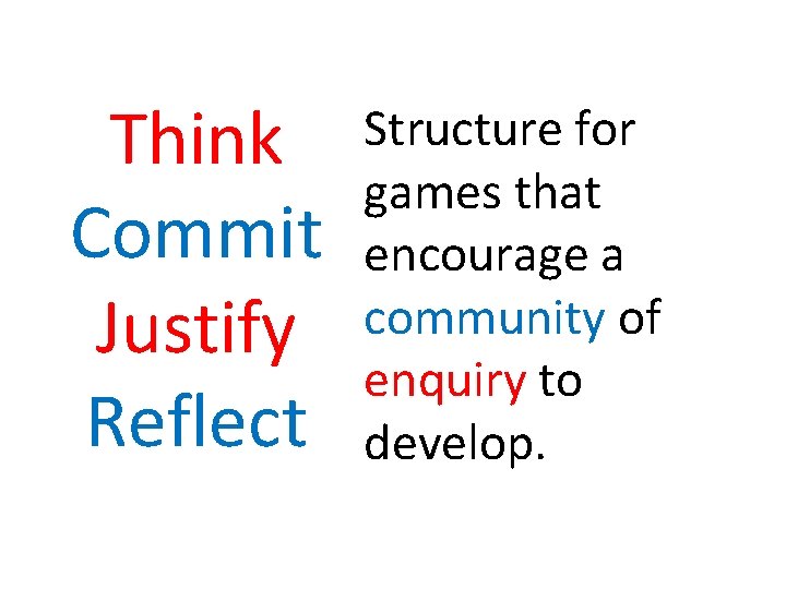 Think Commit Justify Reflect Structure for games that encourage a community of enquiry to