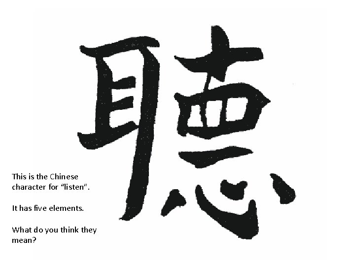 This is the Chinese character for “listen”. It has five elements. What do you