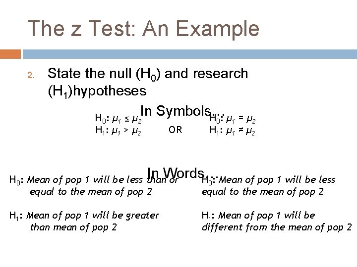 The z Test: An Example 2. State the null (H 0) and research (H