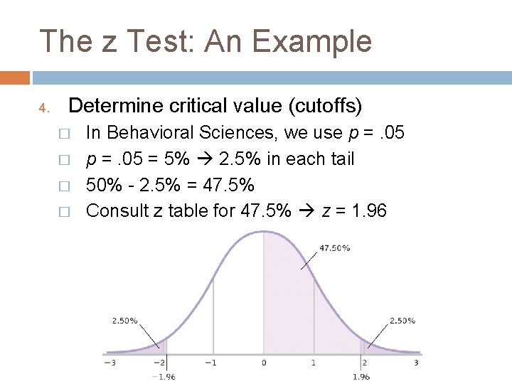 The z Test: An Example 4. Determine critical value (cutoffs) � � In Behavioral