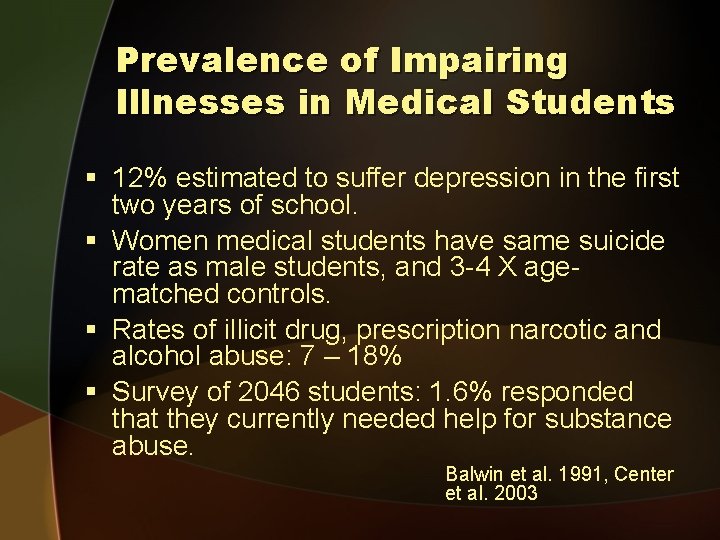 Prevalence of Impairing Illnesses in Medical Students § 12% estimated to suffer depression in