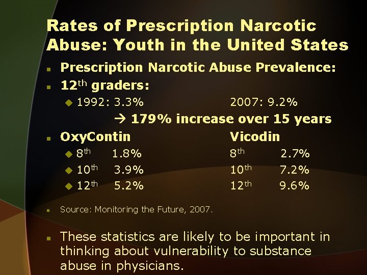 Rates of Prescription Narcotic Abuse: Youth in the United States n n Prescription Narcotic