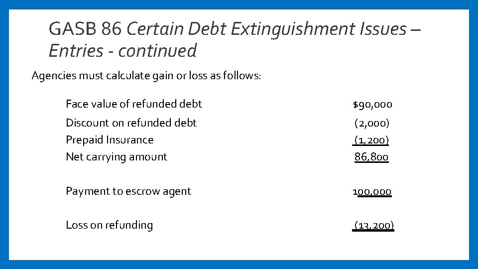 GASB 86 Certain Debt Extinguishment Issues – Entries - continued Agencies must calculate gain