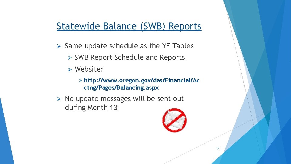 Statewide Balance (SWB) Reports Ø Same update schedule as the YE Tables Ø SWB