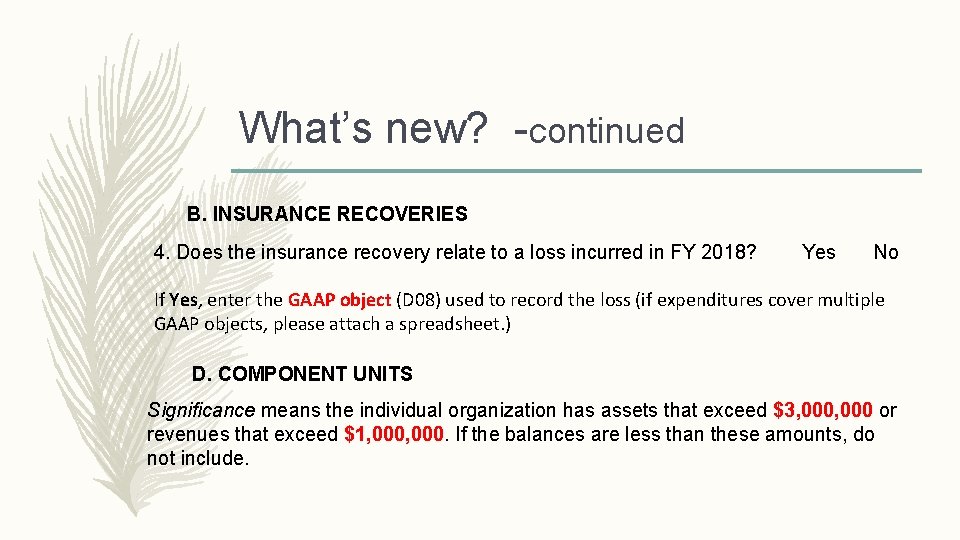 What’s new? -continued B. INSURANCE RECOVERIES 4. Does the insurance recovery relate to a