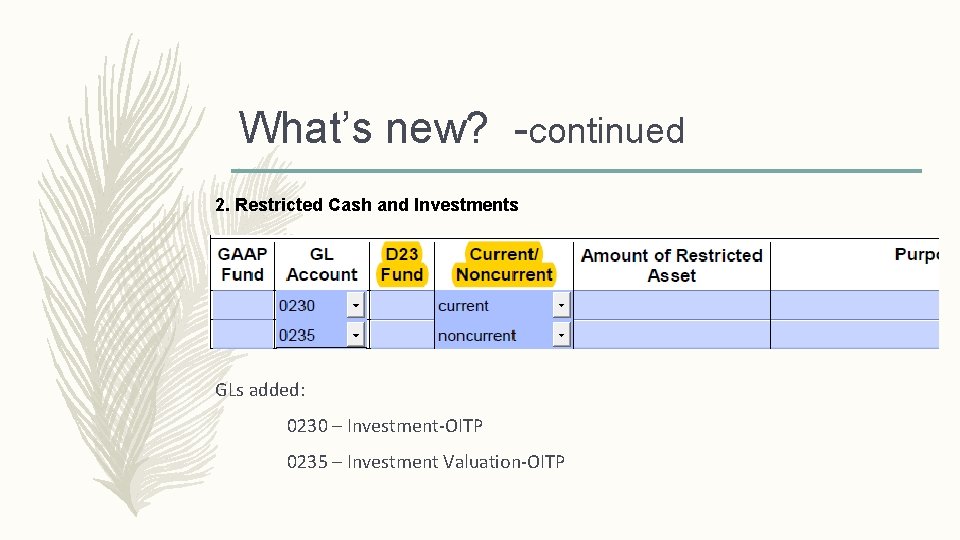 What’s new? -continued 2. Restricted Cash and Investments GLs added: 0230 – Investment-OITP 0235