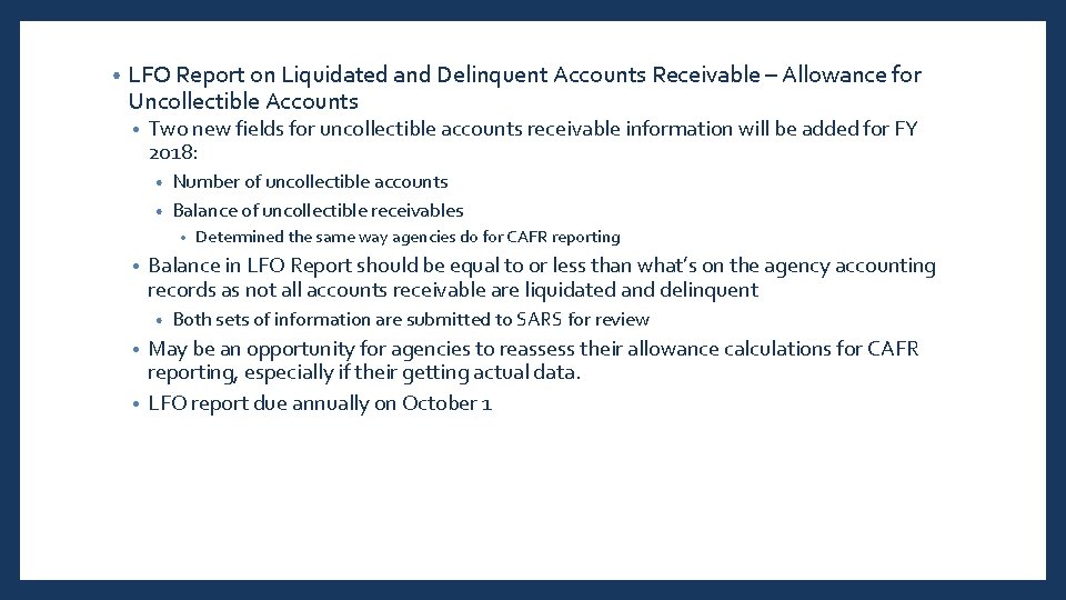  • LFO Report on Liquidated and Delinquent Accounts Receivable – Allowance for Uncollectible
