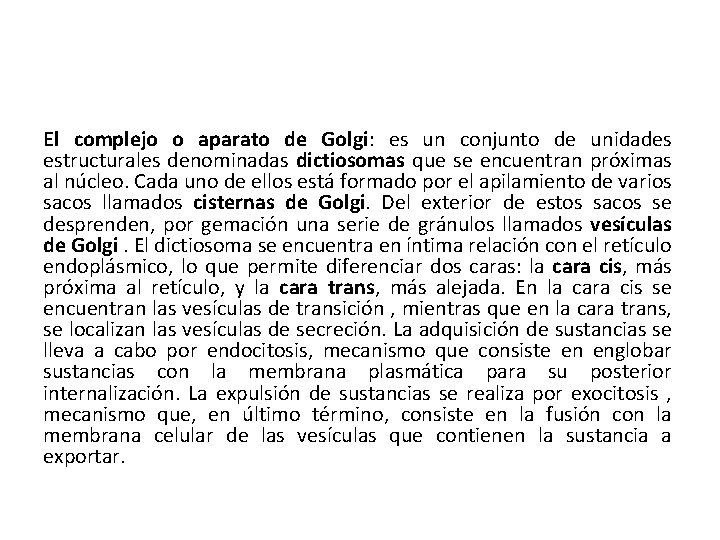 El complejo o aparato de Golgi: es un conjunto de unidades estructurales denominadas dictiosomas