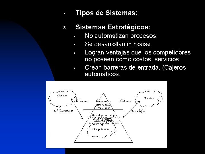 § Tipos de Sistemas: 3. Sistemas Estratégicos: • • No automatizan procesos. Se desarrollan