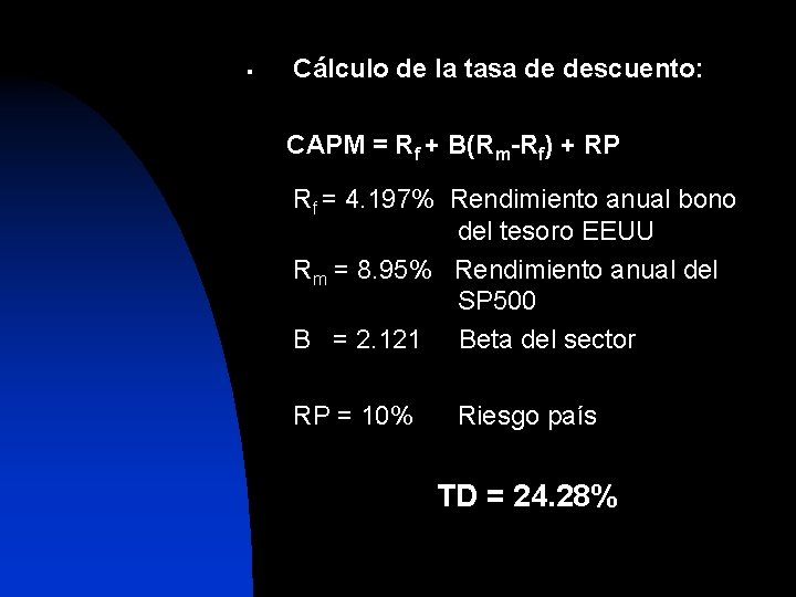 § Cálculo de la tasa de descuento: CAPM = Rf + B(Rm-Rf) + RP