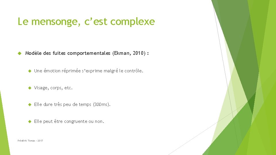 Le mensonge, c’est complexe Modèle des fuites comportementales (Ekman, 2010) : Une émotion réprimée