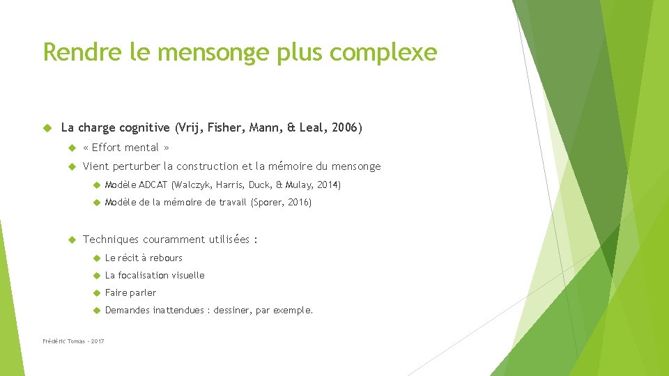 Rendre le mensonge plus complexe La charge cognitive (Vrij, Fisher, Mann, & Leal, 2006)