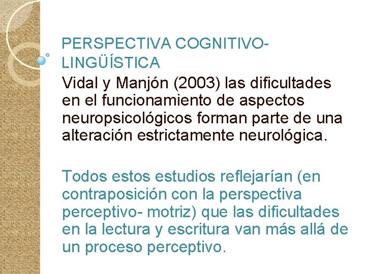 PERSPECTIVA COGNITIVOLINGÜÍSTICA Vidal y Manjón (2003) las dificultades en el funcionamiento de aspectos neuropsicológicos