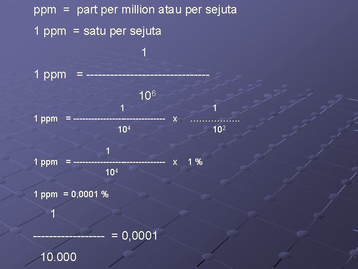 ppm = part per million atau per sejuta 1 ppm = satu per sejuta