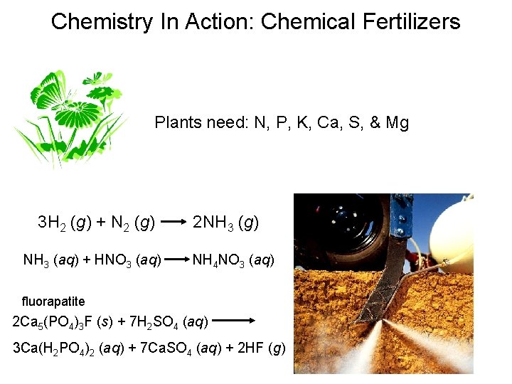 Chemistry In Action: Chemical Fertilizers Plants need: N, P, K, Ca, S, & Mg
