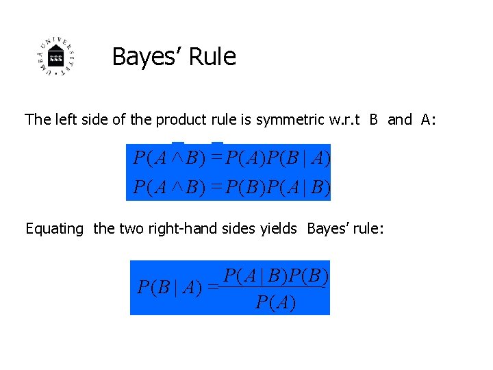 Bayes’ Rule The left side of the product rule is symmetric w. r. t