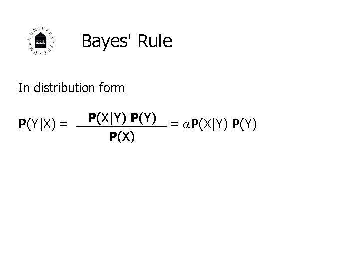 Bayes' Rule In distribution form P(Y|X) = P(X|Y) P(Y) = P(X|Y) P(X) 