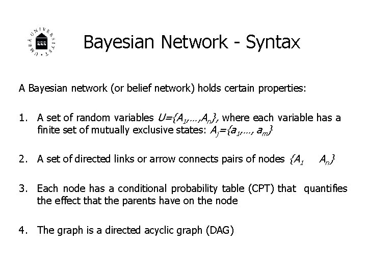 Bayesian Network - Syntax A Bayesian network (or belief network) holds certain properties: 1.