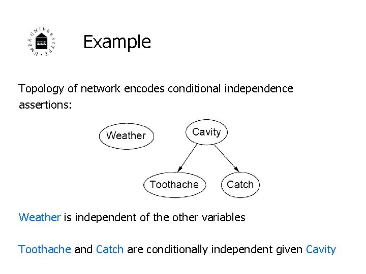 Example Topology of network encodes conditional independence assertions: Weather is independent of the other