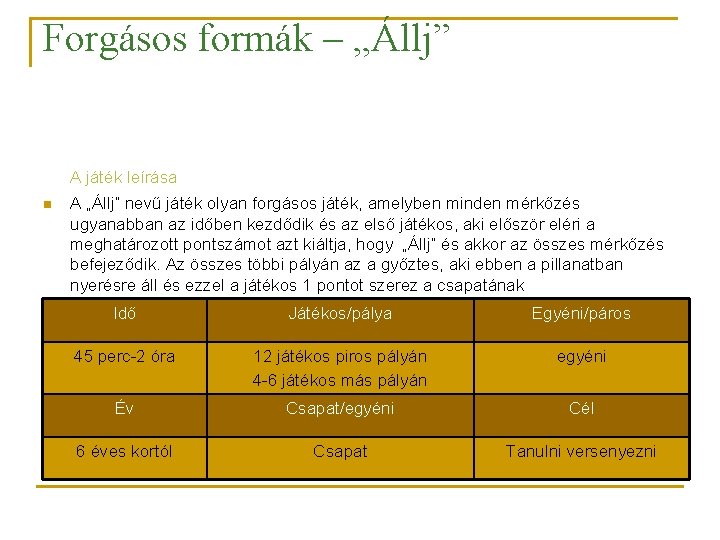 Forgásos formák – „Állj” A játék leírása n A „Állj” nevű játék olyan forgásos