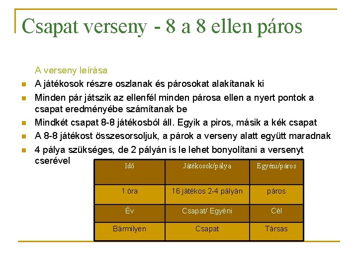 Csapat verseny - 8 a 8 ellen páros n n n A verseny leírása