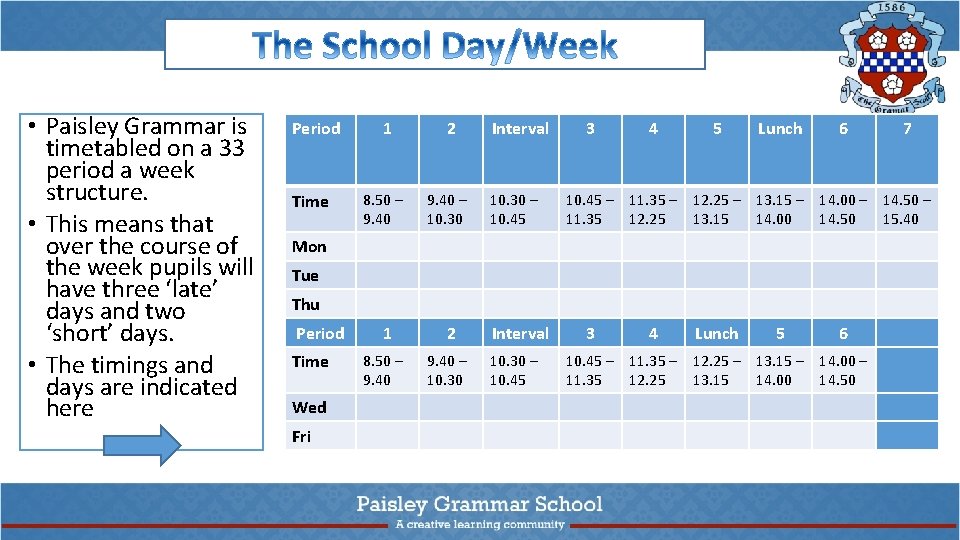  • Paisley Grammar is timetabled on a 33 period a week structure. •