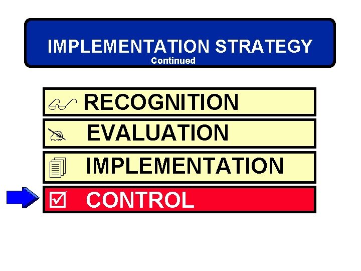 IMPLEMENTATION STRATEGY Continued $ RECOGNITION @ EVALUATION 4 IMPLEMENTATION þ CONTROL 