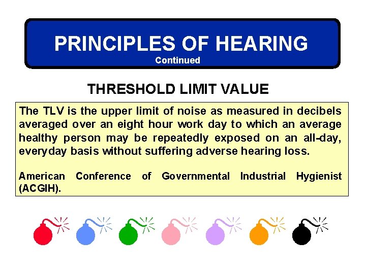 PRINCIPLES OF HEARING Continued THRESHOLD LIMIT VALUE The TLV is the upper limit of